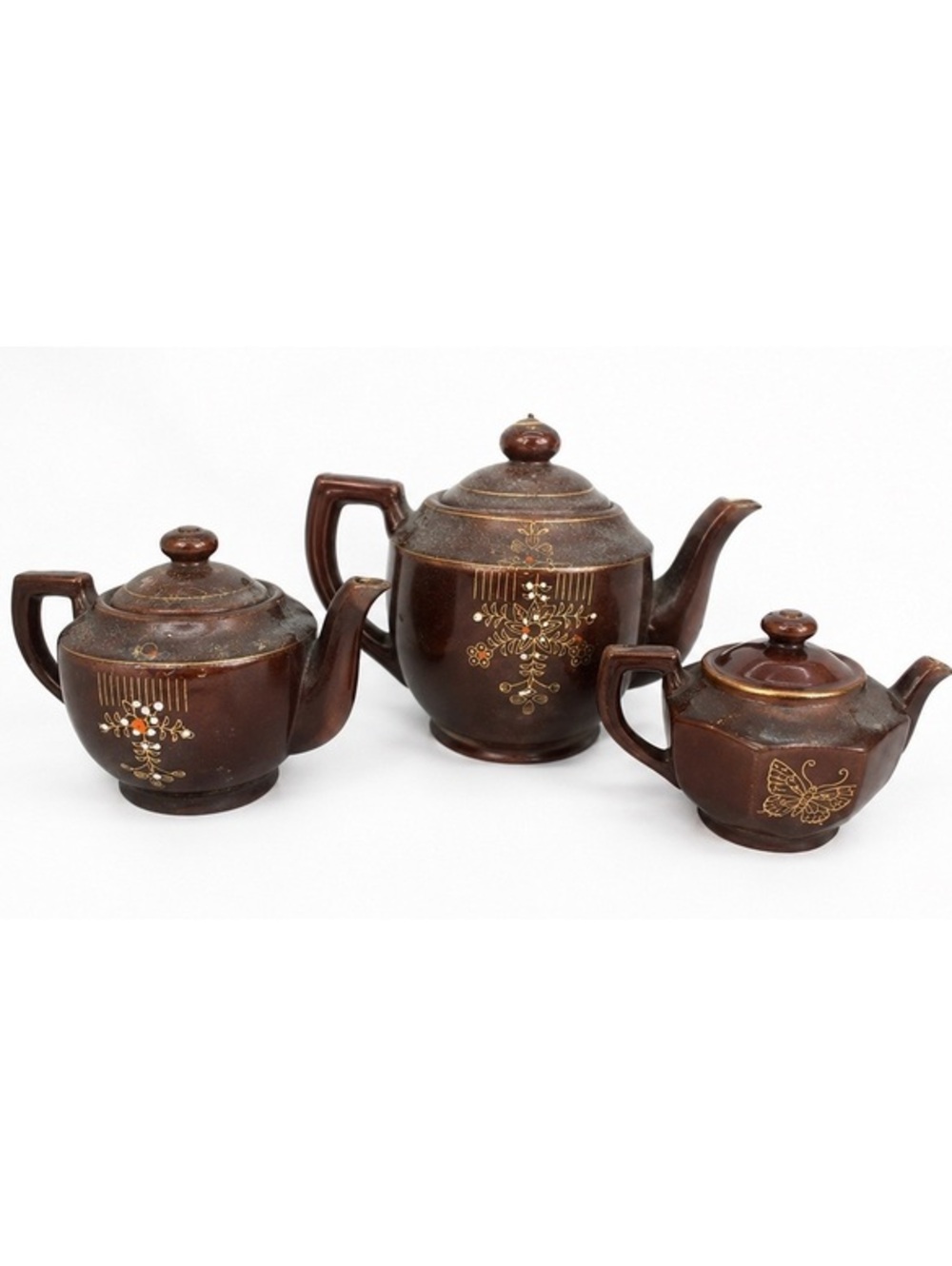 Vintage Brown Ceramic Hand-Painted Teapot Set with Floral and Butterfly Designs